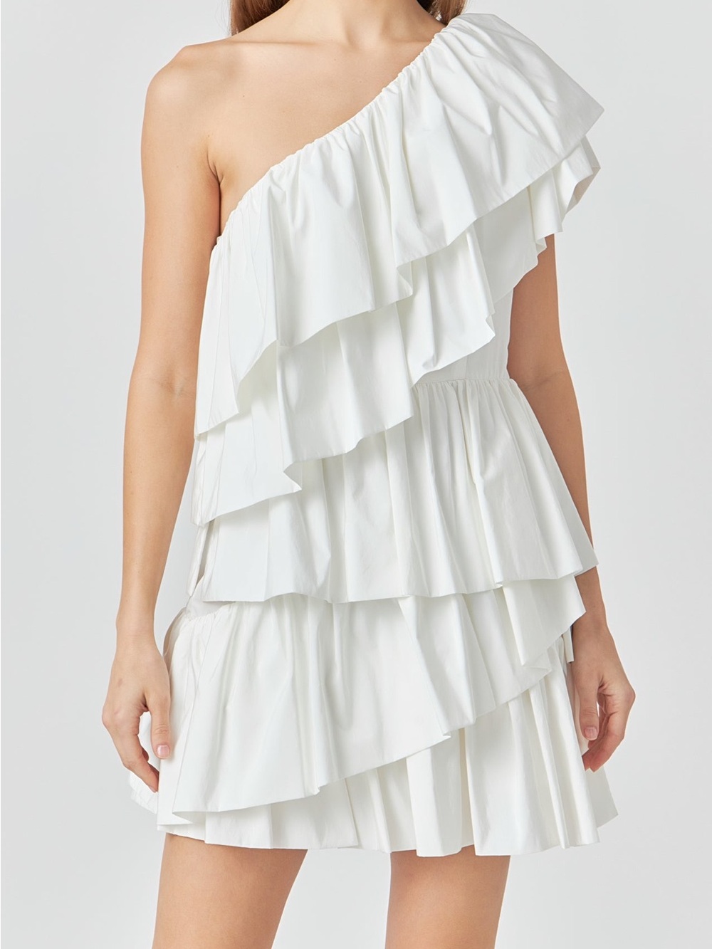 Endless Rose White One Shoulder Ruffle Tiered Mini Dress Size Medium